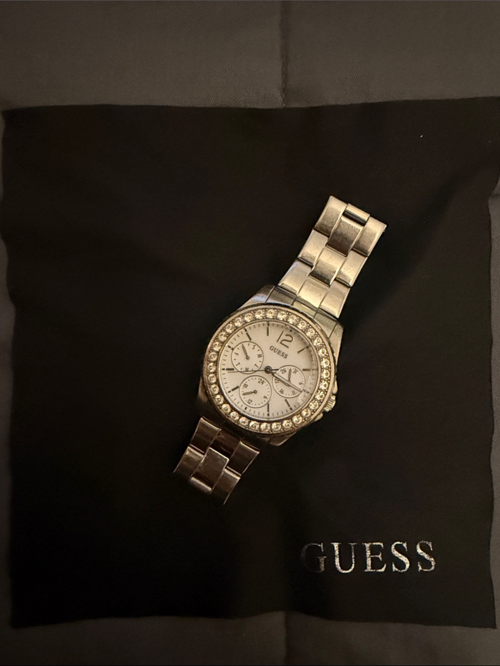 GUESS Silver Crystal Bezel Women Watch with White Dial